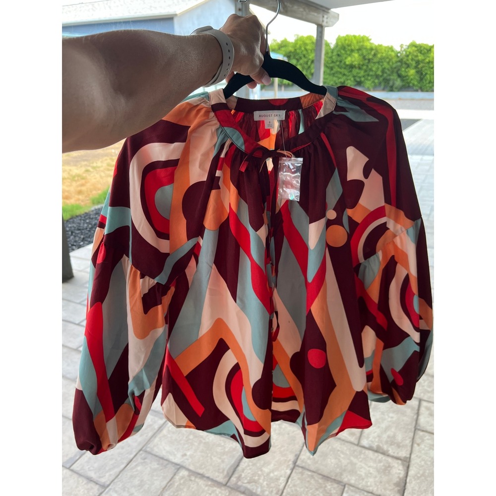 August Sky Boho Geometric Abstract Print Tie Neck Blouse Burgundy